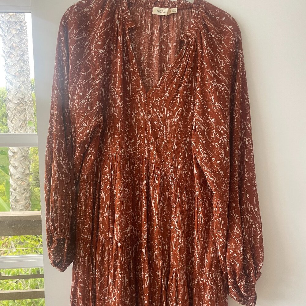 Millibon Long-Sleeve, V-Neck‎ Babydoll Mini Dress, Size Small